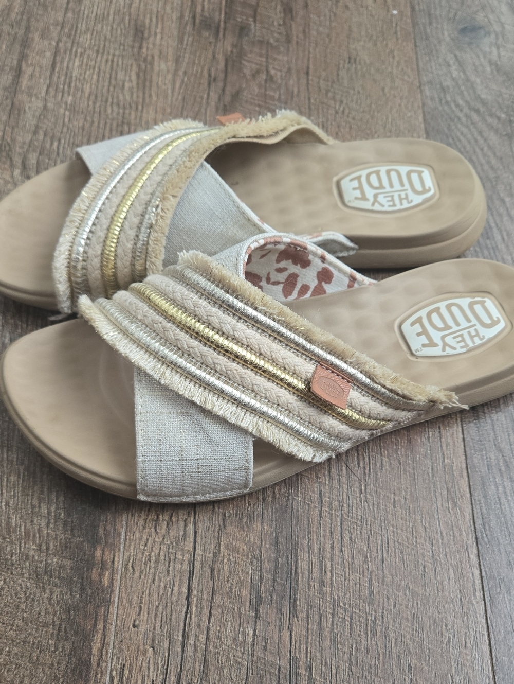 Hey Dude Women's Taupe Slide Sandals with Gold Trim